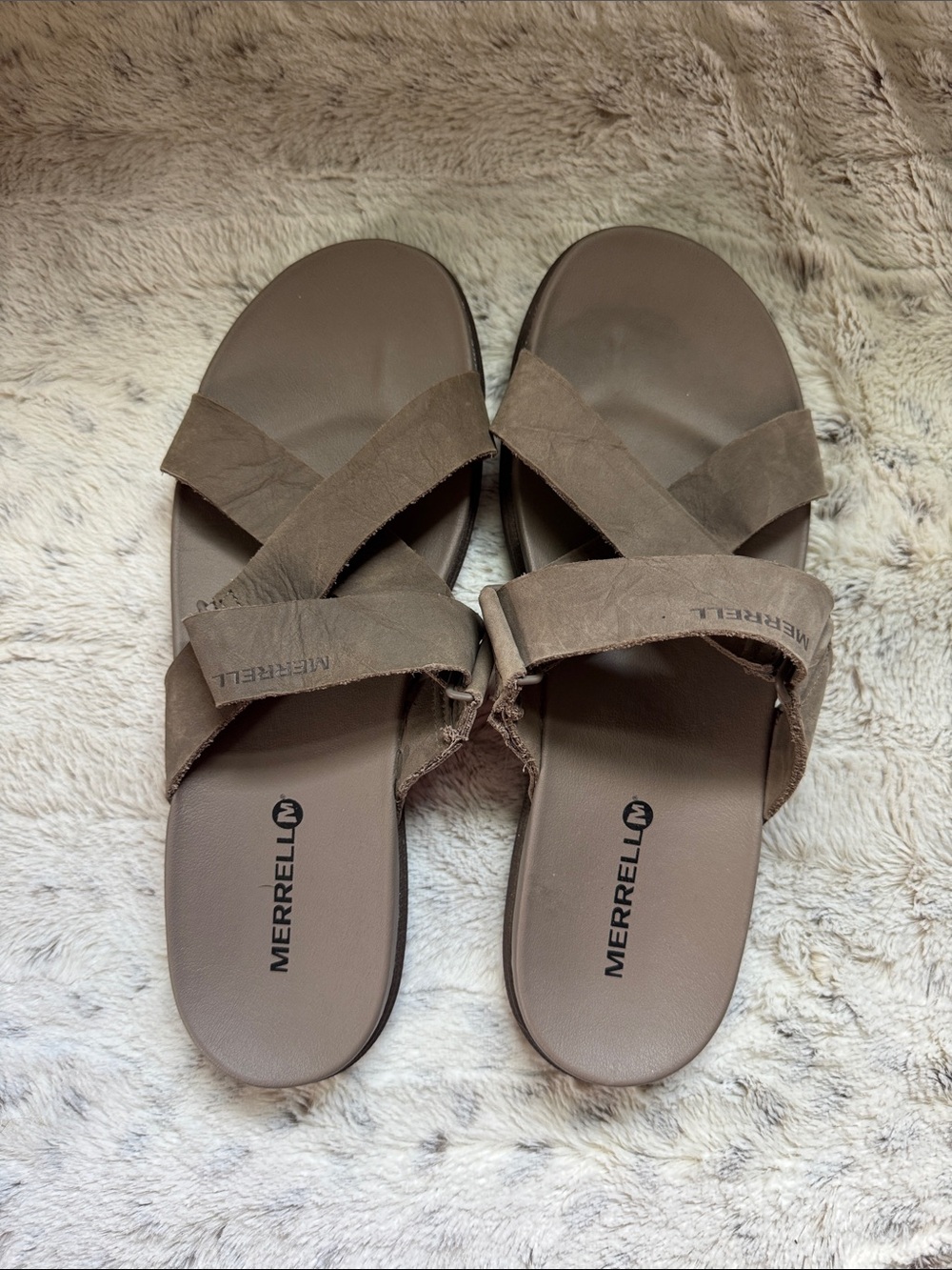 Merrell Women's Tan Brown Cross-Strap Slide Sandals